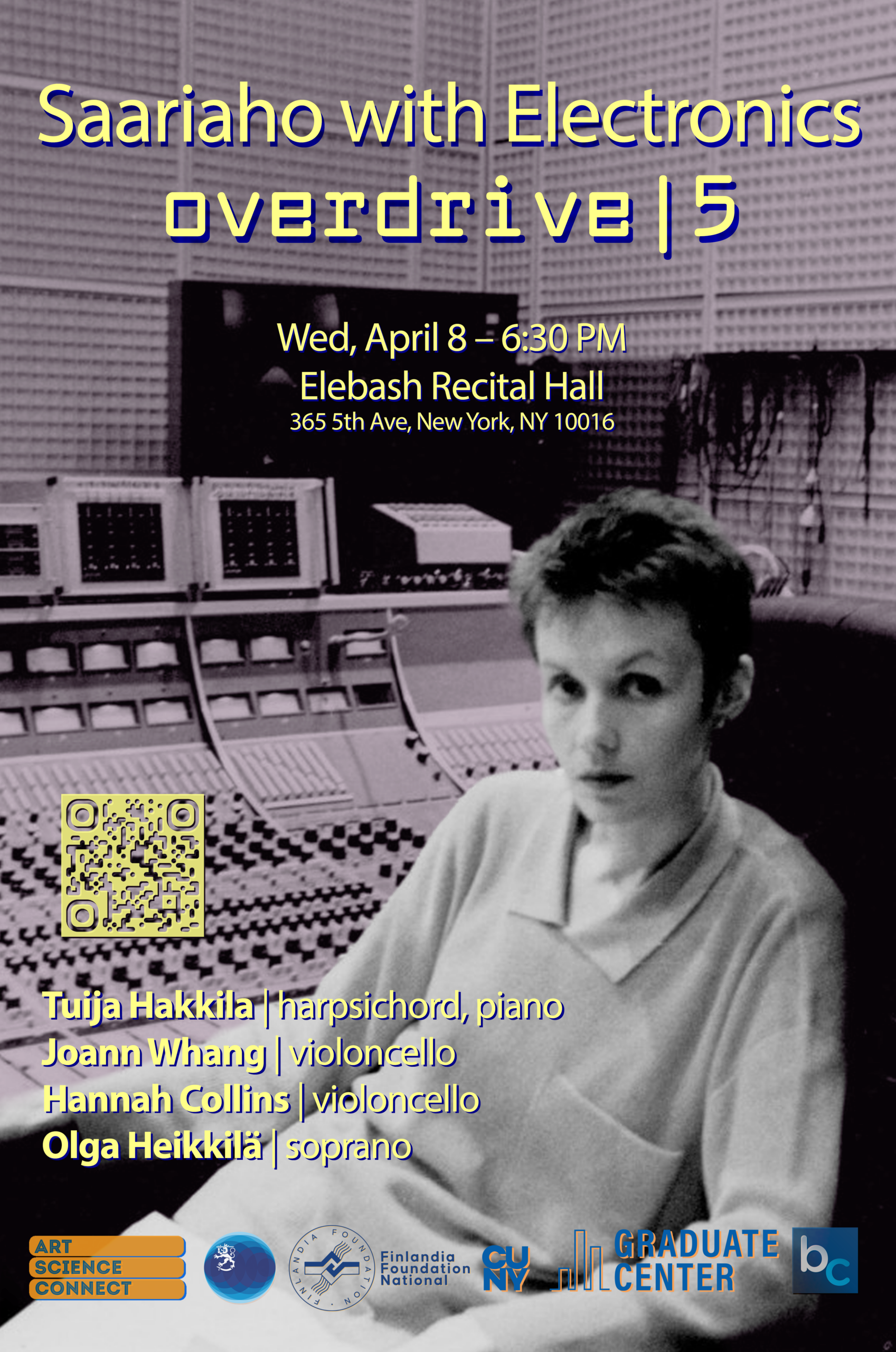 Concert poster featuring a photograph of Finnish composer Kaija Saariaho at work in IRCAM’s Studio 8 in 1982.